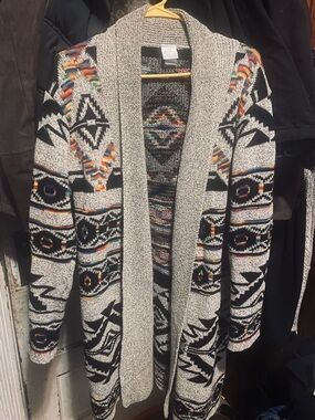Beige Multi Aztec Open-Front Cardigan Sweater
